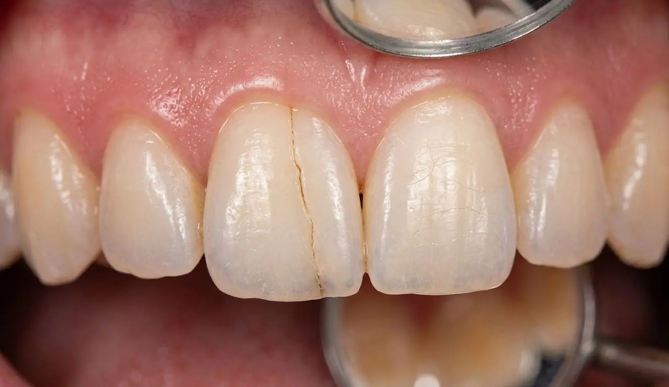 Visible vertical crack in right central incisor represents what a TMJ Splint cannot do at Limestone Hills Orthodontics in Austin, TX.