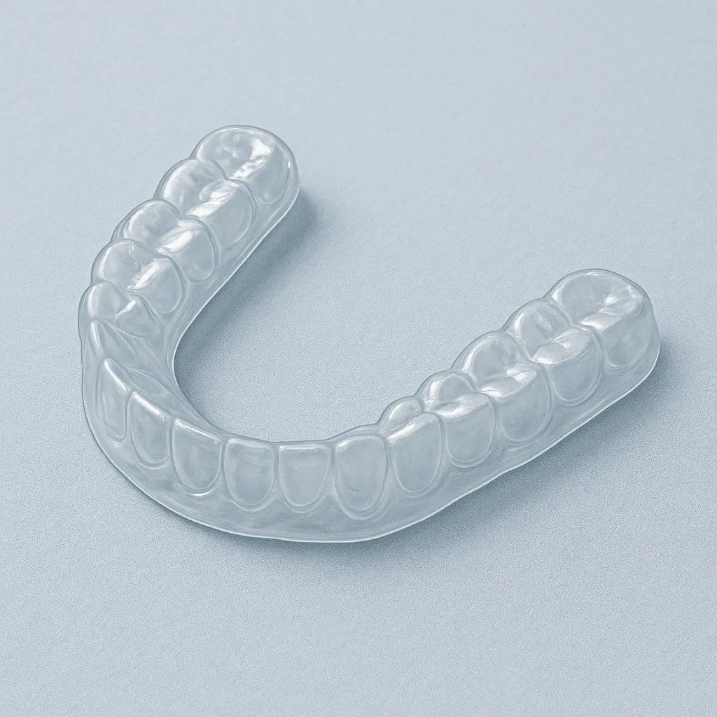 On a light grey surface, an Essix Clear Retainer or mouthguard from Limestone Hills Orthodontics in Austin, TX is displayed.
