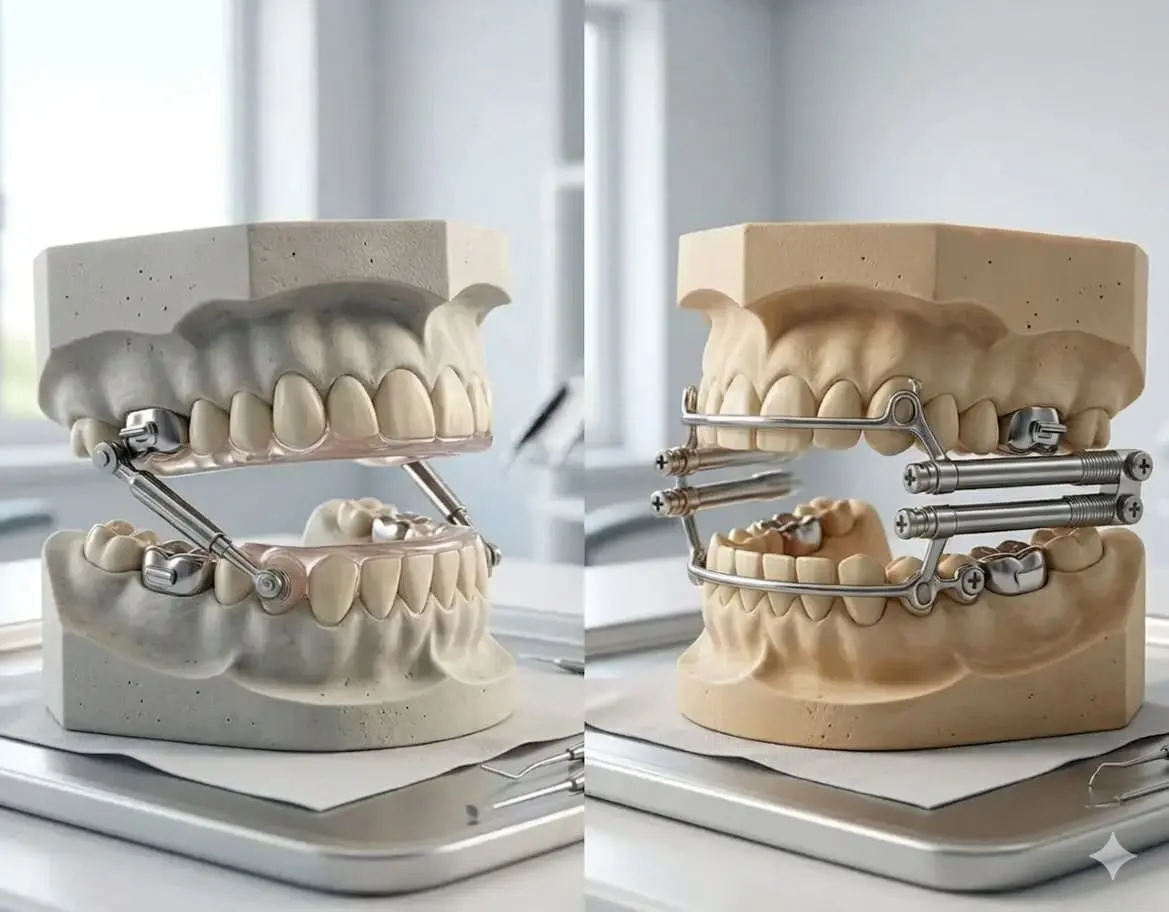 Dental models at Limestone Hills Orthodontics in Austin, TX show Herbst & MARA appliances for treatment comparison.