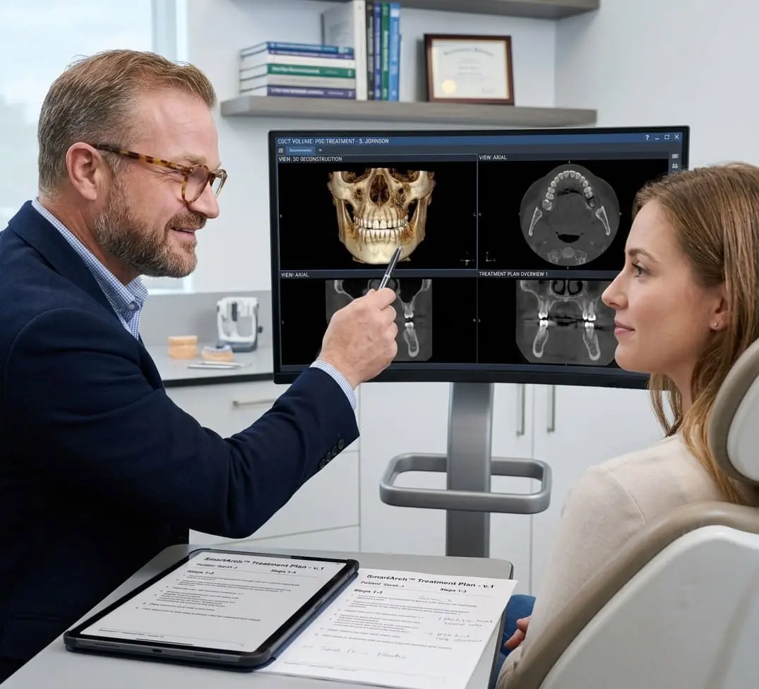 At Limestone Hills Orthodontics in Austin, TX, Dr. Viecilli reviews dental X-rays with a female patient discussing treatment options.