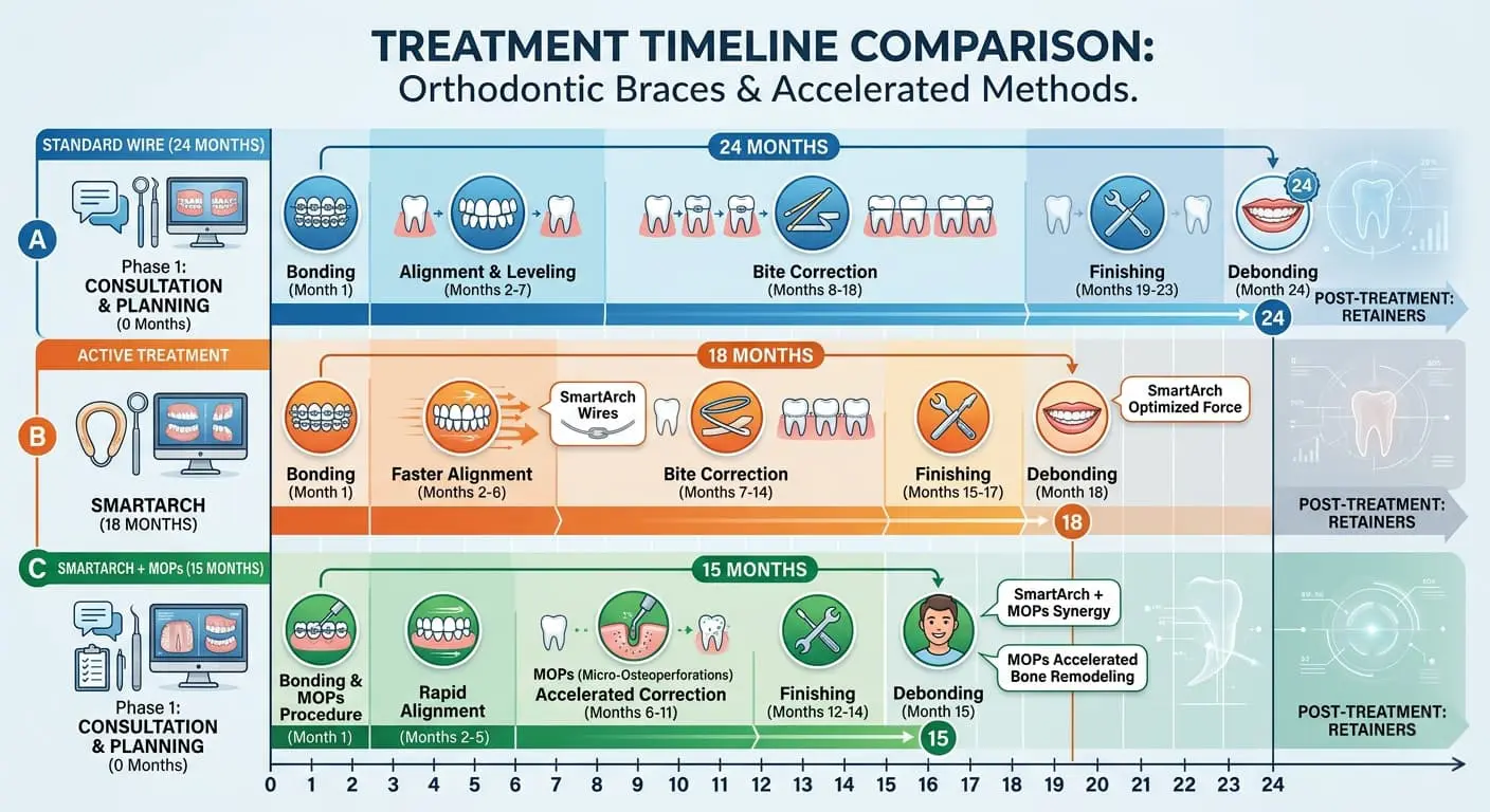 An infographic at Limestone Hills Orthodontics in Austin, TX shows braces methods, timelines, and retainer steps from 0–24 months.