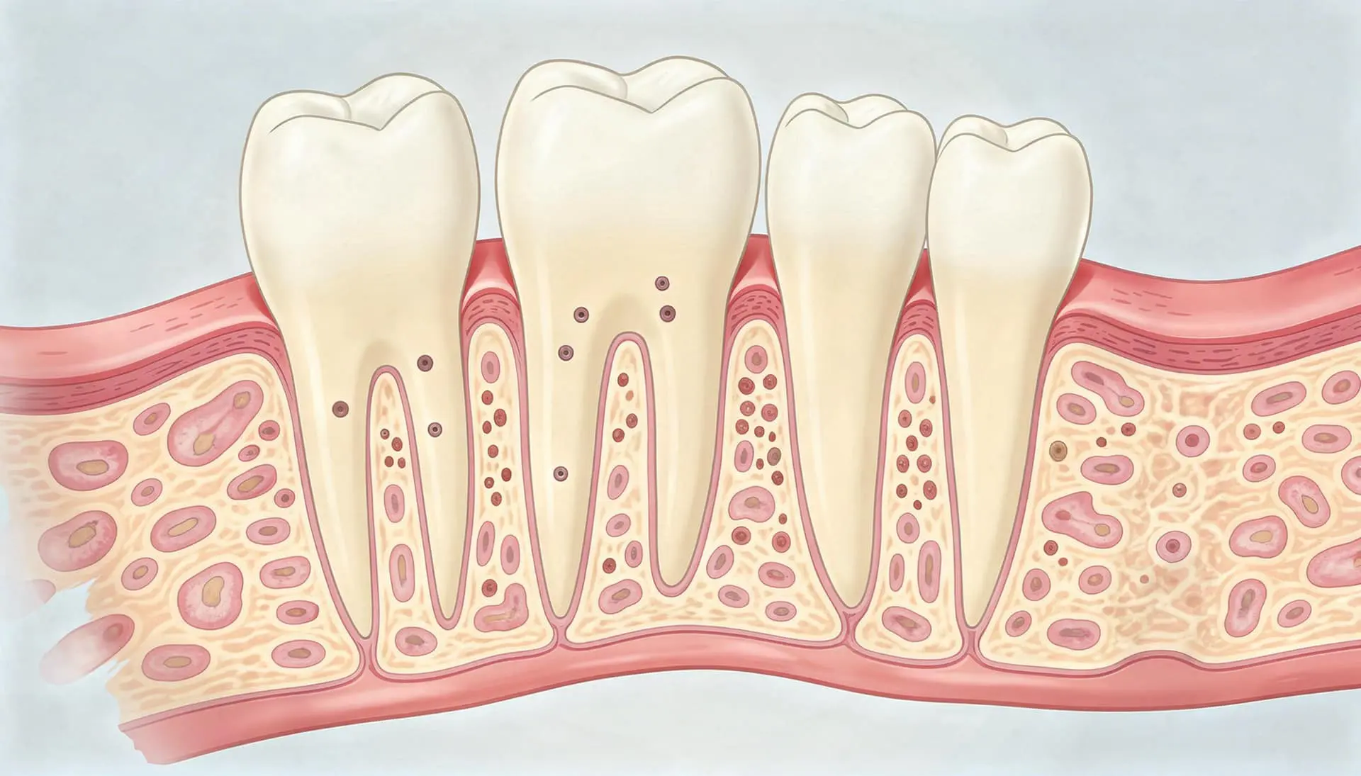 Illustration of four teeth in gum and jawbone, showing key structures for Accelerated Orthodontic Treatment at Limestone Hills Orthodontics in Austin, TX.